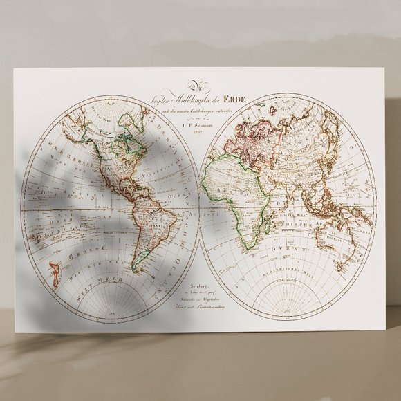 13x19" Vintage german world map 1806 19th century wall art map poster art print - Picture 1 of 2
